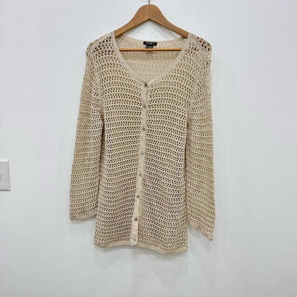 Vintage 90s Eddie Bauer Womens Crotchet Lace cream beige Cardigan Sweater Sz XL - Picture 2 of 4